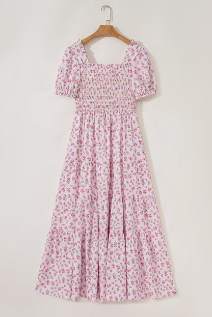White Frilly Shirred Bodice Tiered Floral Maxi Dress