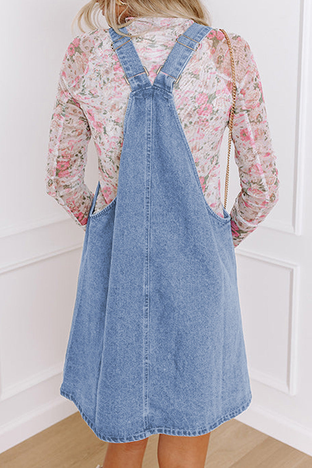 Medium Grey Wide Strap Button Front Pocketed Denim Mini Dress