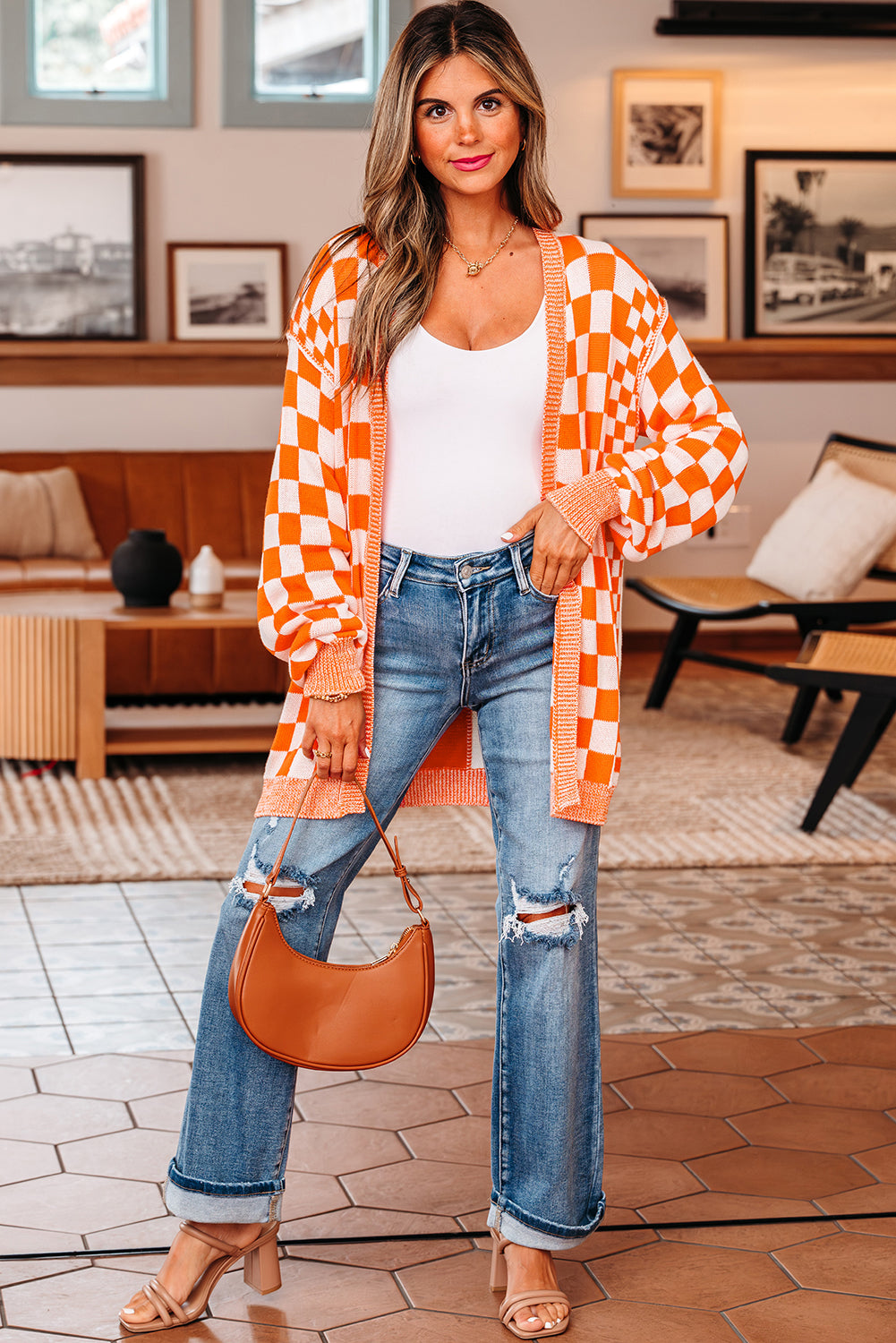 Black Checkered Open Front Drop Shoulder Cardigan