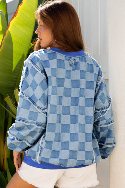 Sky Blue Checkerboard Splicing Raw Detail Oversized Denim Pullover  kit