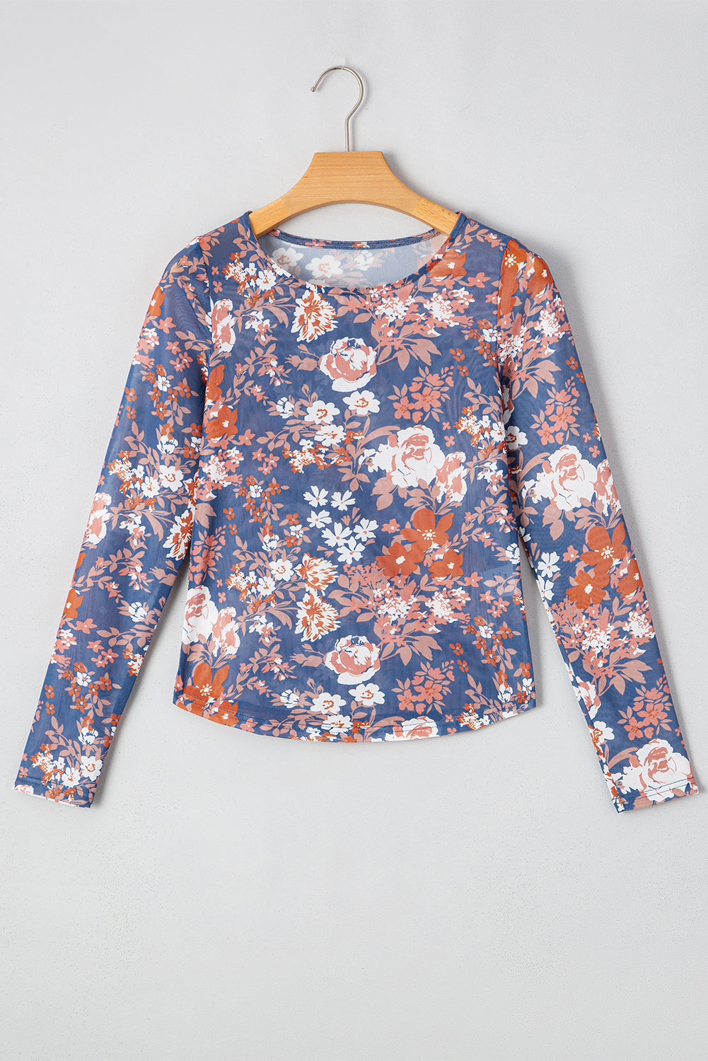 Green Floral Print Mesh Fitted Long Sleeve Top