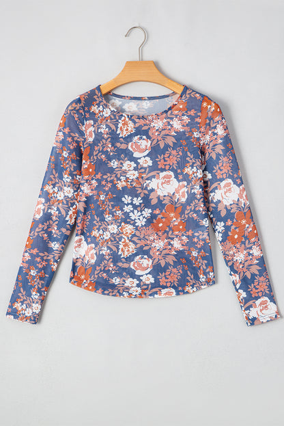 Green Floral Print Mesh Fitted Long Sleeve Top