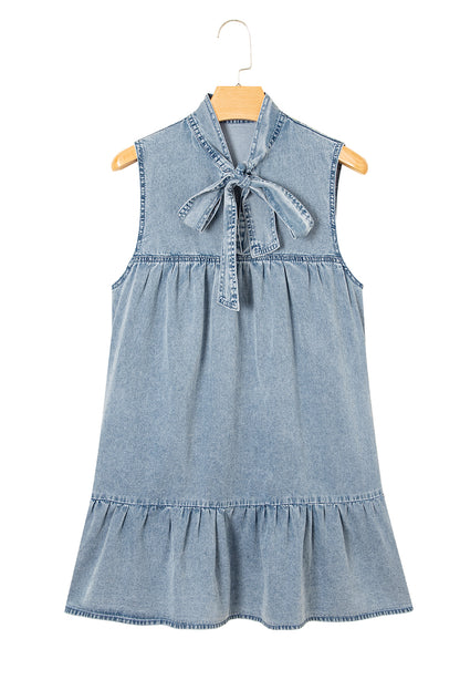 Beau Blue Bowknot Neck Sleeveless Ruffled Chambray Dress