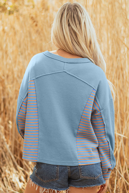 Meadow Mist Green Exposed Seam Waffle Striped Patchwork Baggy Pullover