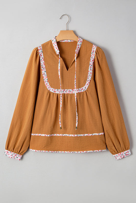 Straw Yellow Split Neck Pleated Floral Trim Long Puff Sleeve Blouse