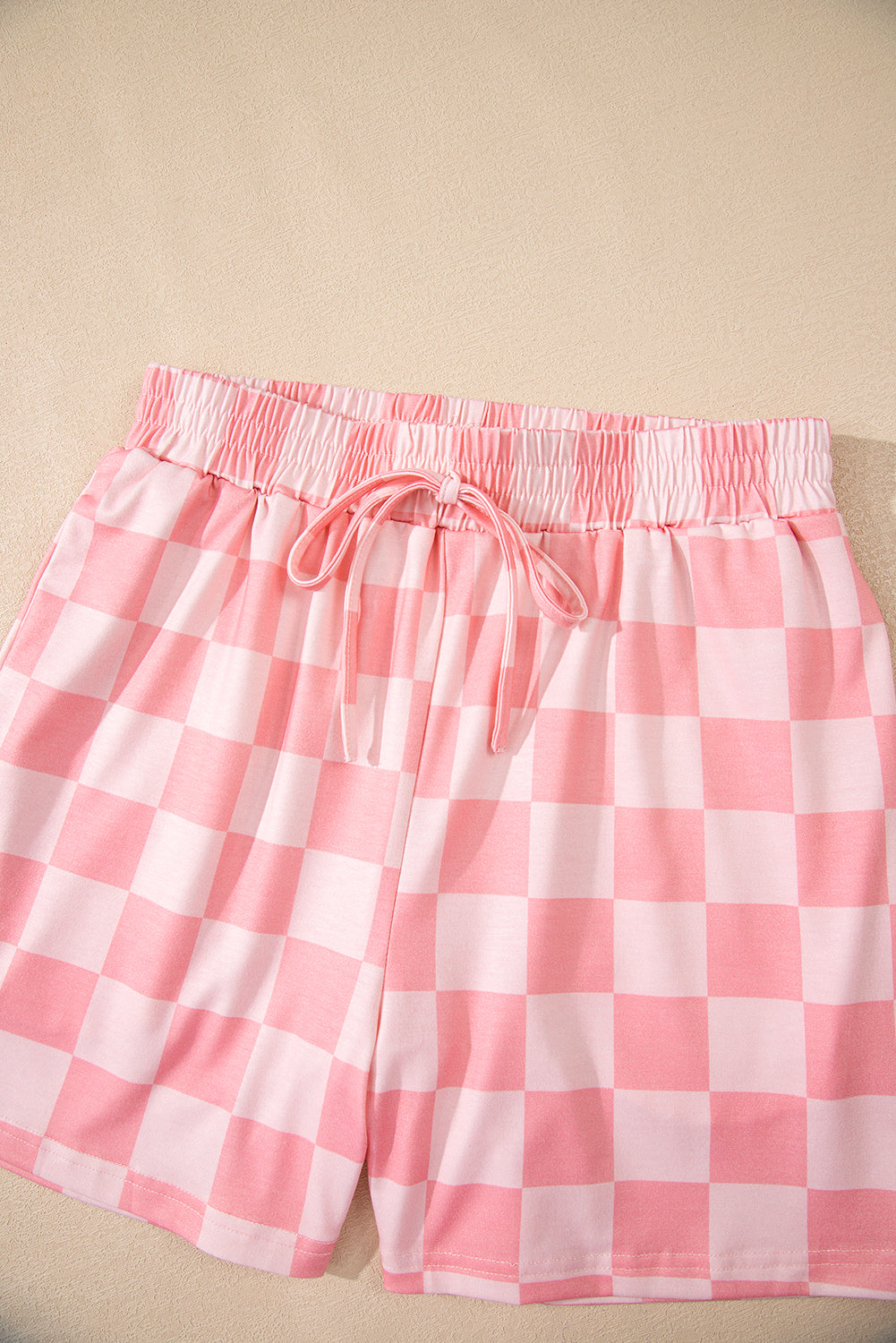 Beige Checkered V Neck Tee Drawstring Shorts Lounge Set