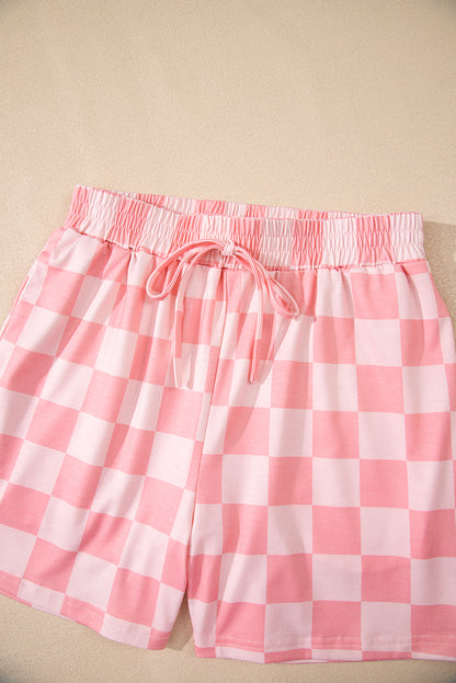 Beige Checkered V Neck Tee Drawstring Shorts Lounge Set