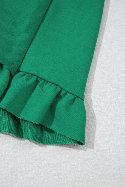 Sea Green Half Zip Puff Sleeve Top and Ruffled Shorts Set