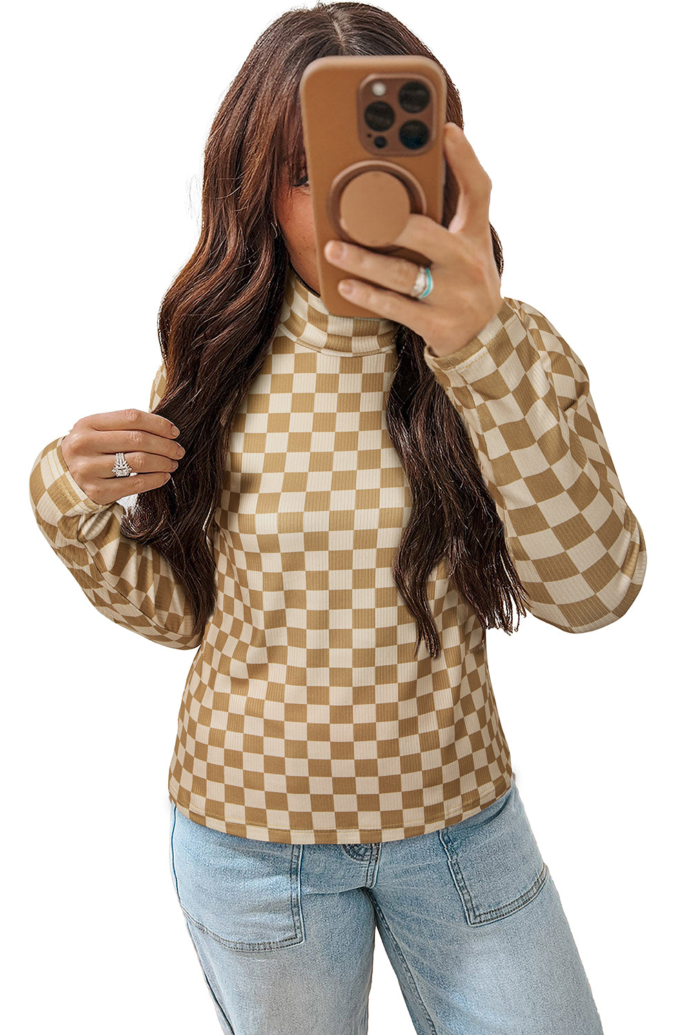 Khaki Check Pattern Turtleneck Ribbed Slim Long Sleeve Tee  Jo