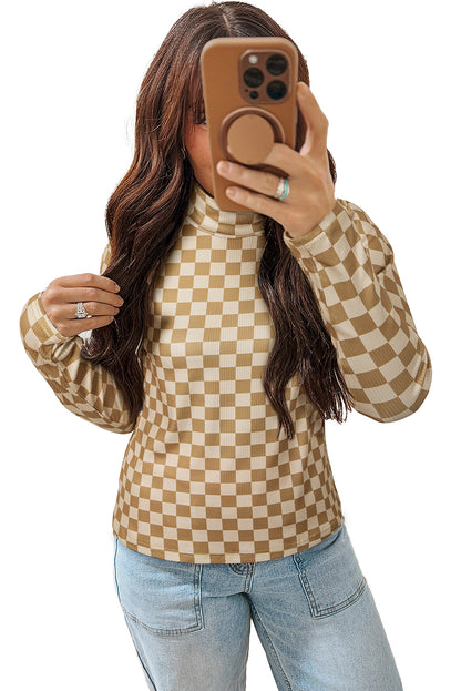 Khaki Check Pattern Turtleneck Ribbed Slim Long Sleeve Tee  Jo