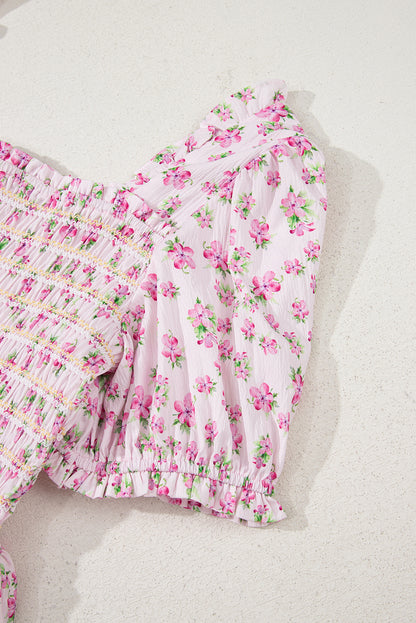 White Frilly Shirred Bodice Tiered Floral Maxi Dress