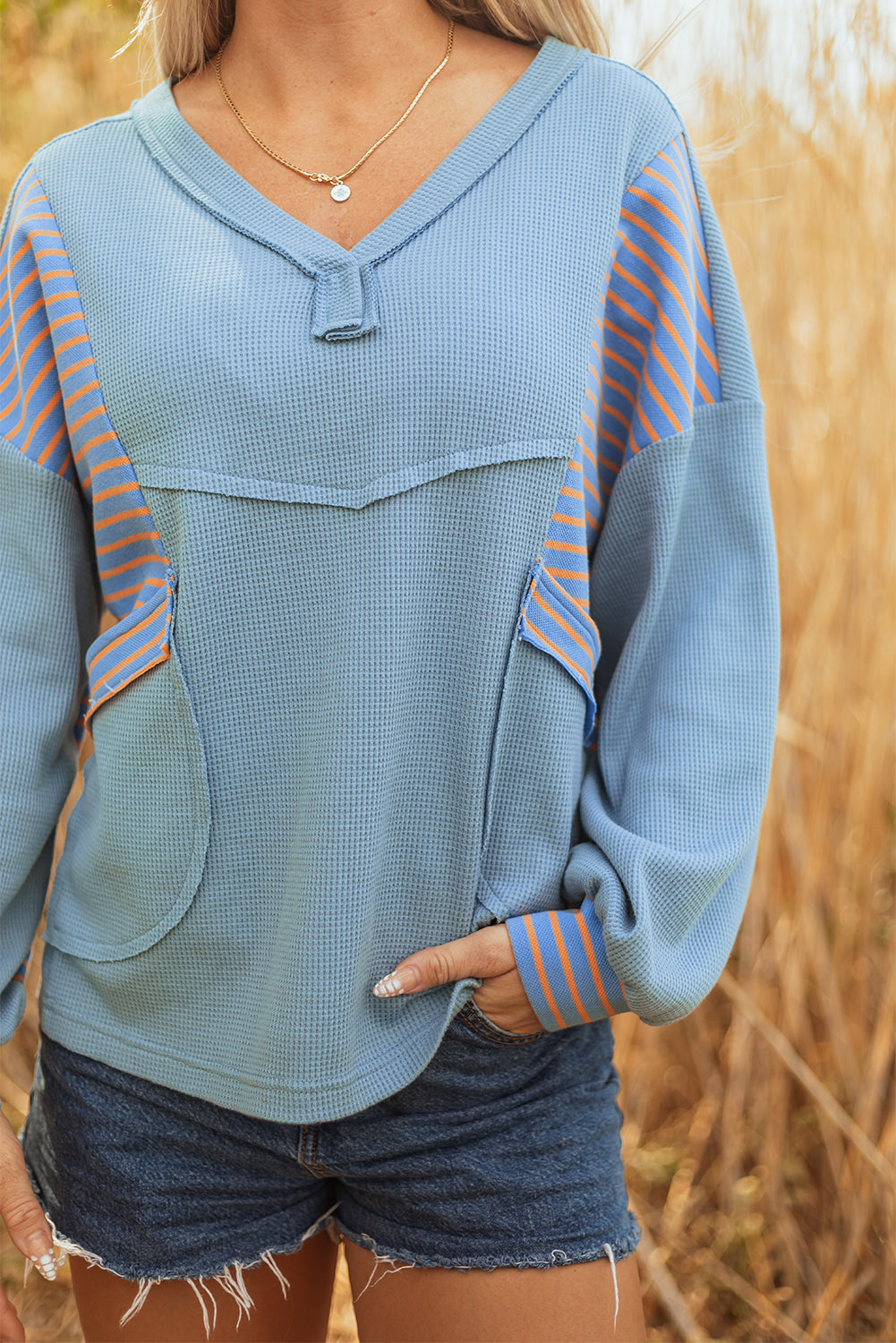 Meadow Mist Green Exposed Seam Waffle Striped Patchwork Baggy Pullover