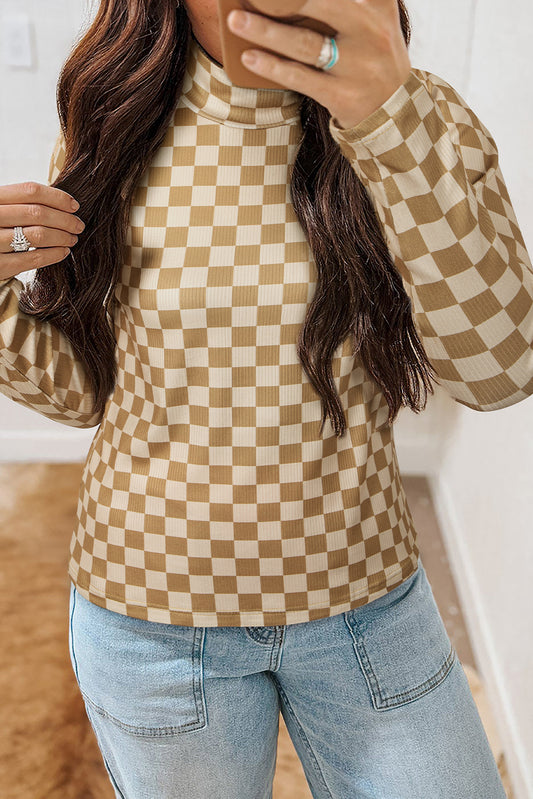 Khaki Check Pattern Turtleneck Ribbed Slim Long Sleeve Tee  Jo