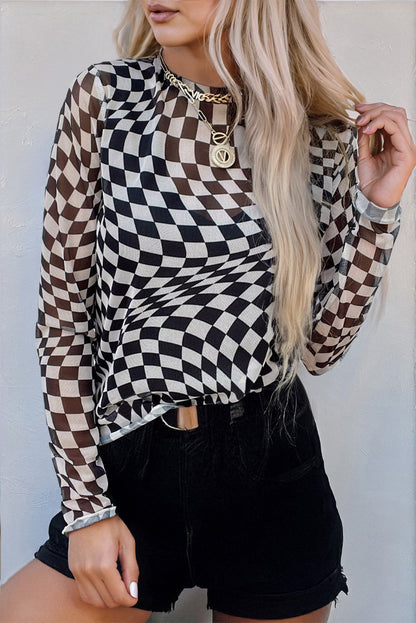 Khaki Checkered Pattern Mesh Mock Neck Long Sleeve Top