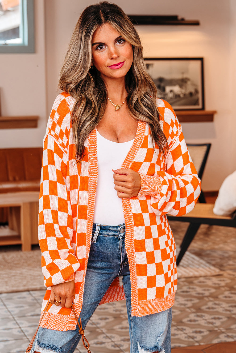Black Checkered Open Front Drop Shoulder Cardigan