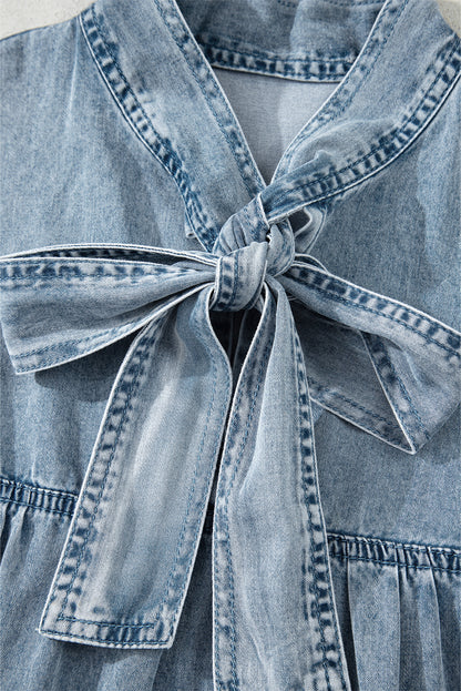 Beau Blue Bowknot Neck Sleeveless Ruffled Chambray Dress