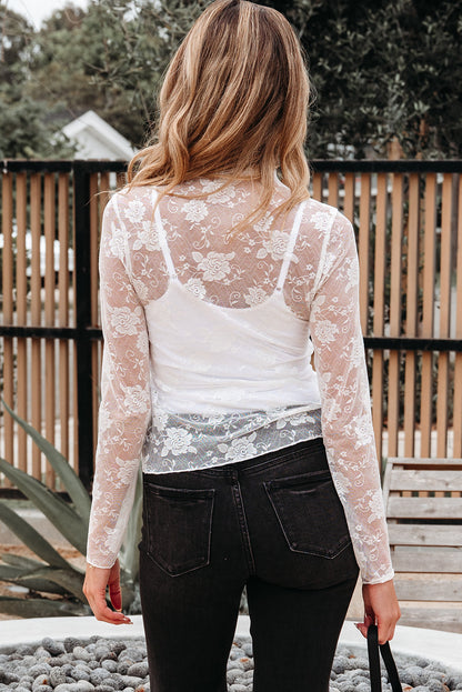 Apricot Pink Sheer Floral Lace Mesh Mock Neck Long Sleeve Top