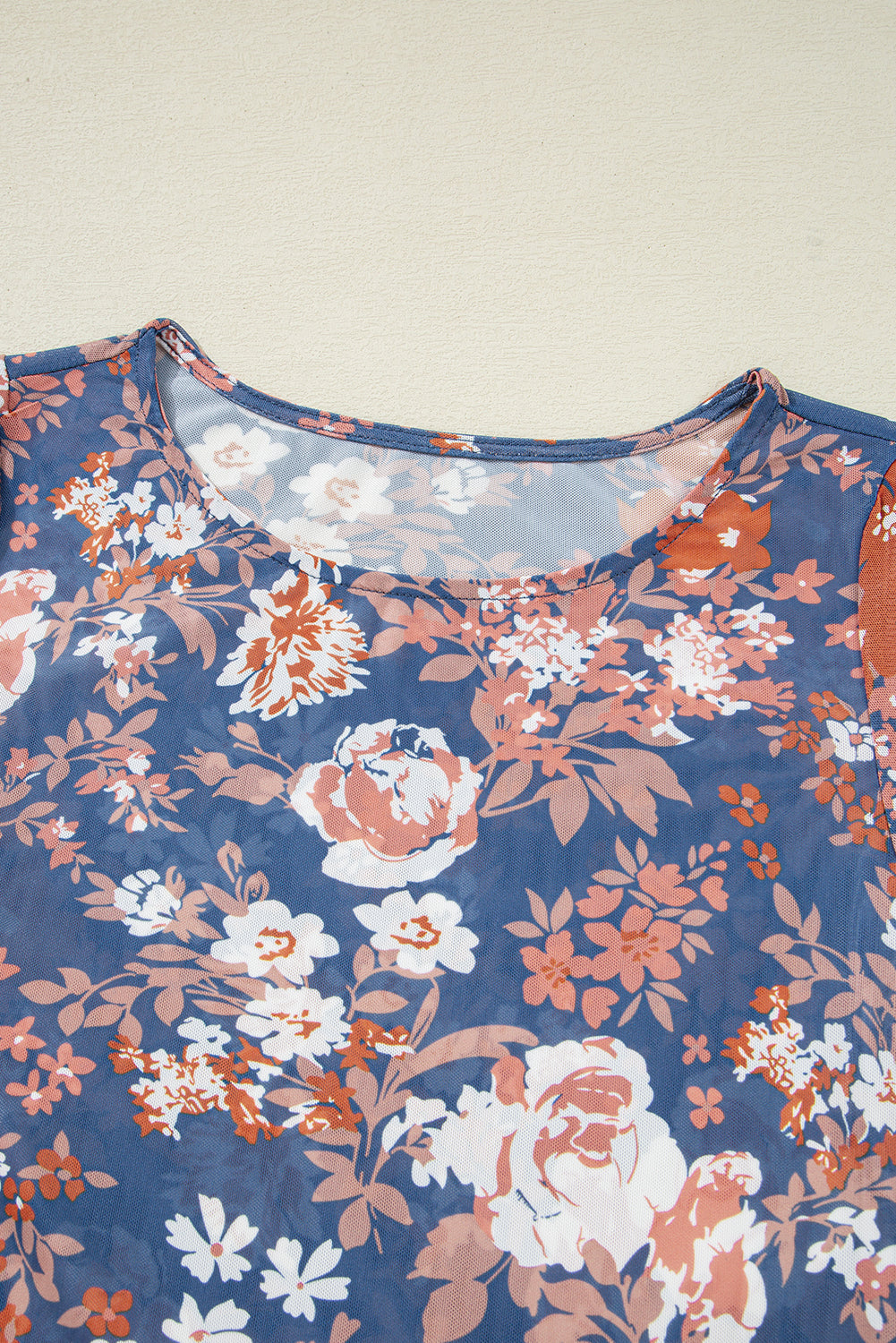 Green Floral Print Mesh Fitted Long Sleeve Top