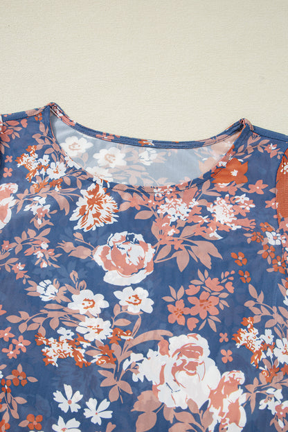 Green Floral Print Mesh Fitted Long Sleeve Top
