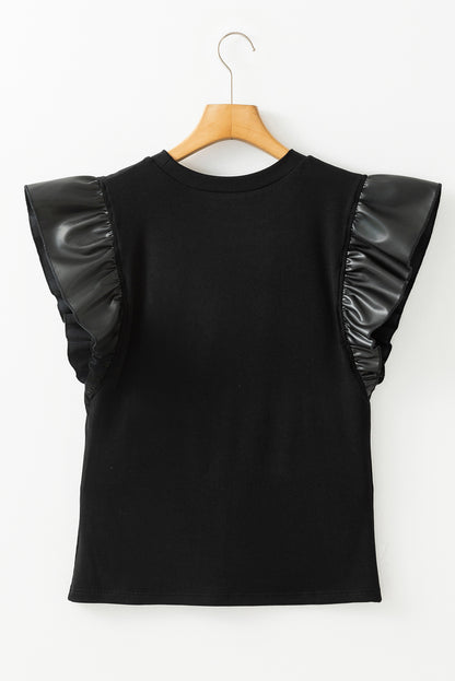 Black GAME DAY Checkered Letter Graphic Leatherette Ruffle Sleeve Top