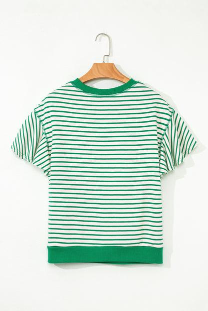 Contrast Detail Striped Ruffle Short Sleeve Top