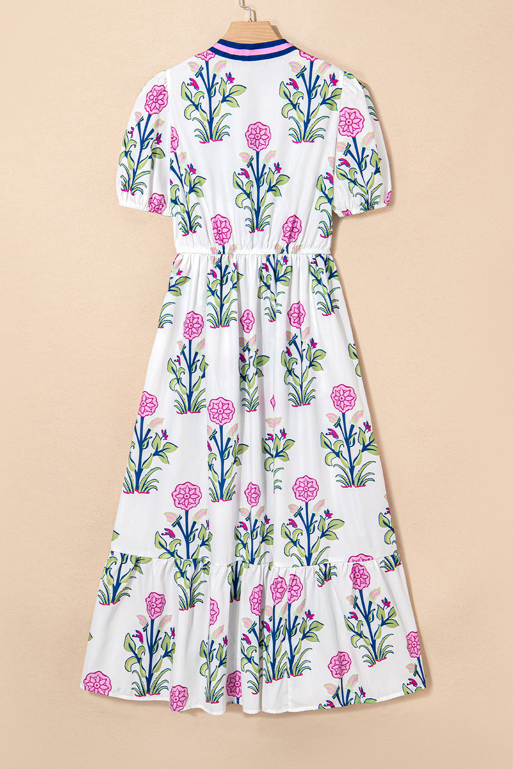 Sky Blue Floral Puff Short Sleeve V Neck High Waist Maxi Dress