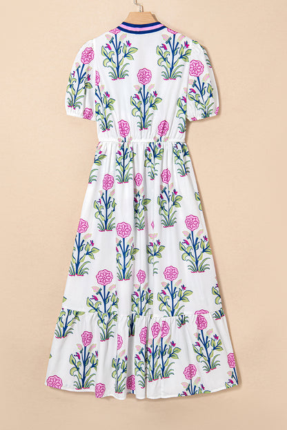 Sky Blue Floral Puff Short Sleeve V Neck High Waist Maxi Dress