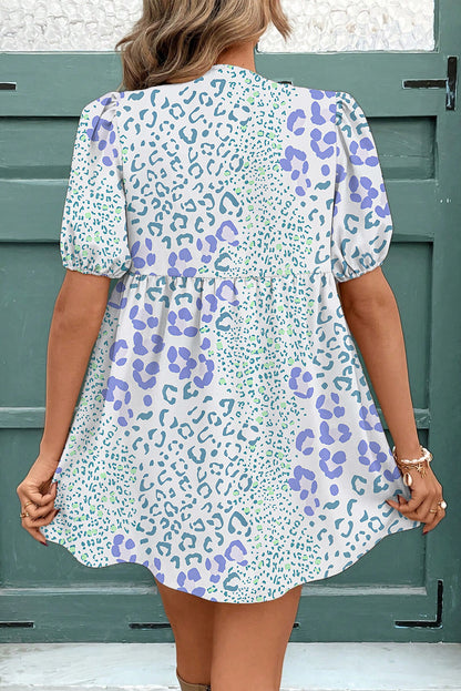 Sky Blue Floral Contrast Bow Puff Sleeve Mini Dress