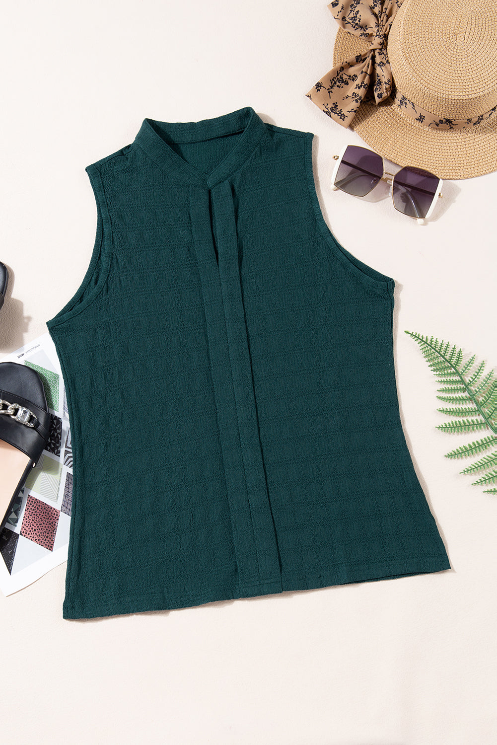 Black Lattice Textured Split Neck Tank Top