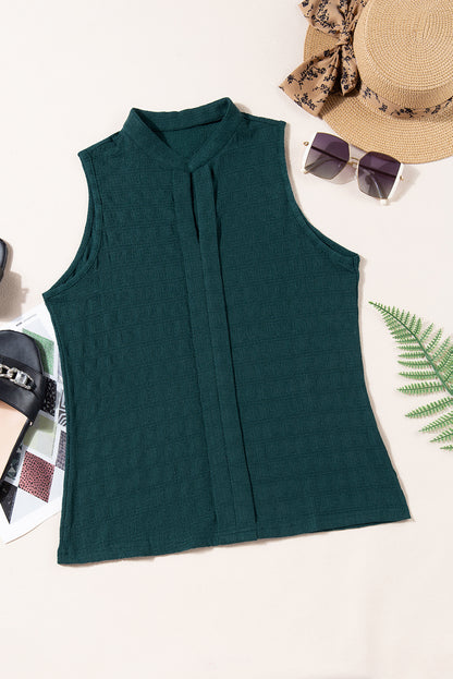 Black Lattice Textured Split Neck Tank Top
