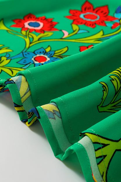 Green Floral Print Flutter Sleeve Frilly Neck Blouse