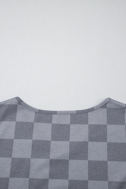 Beige Checkered V Neck Tee Drawstring Shorts Lounge Set