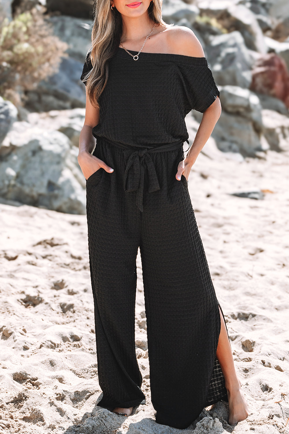 Black Checkered Mesh One Shoulder Short Sleeve Knotted Waist Jumpsuit by