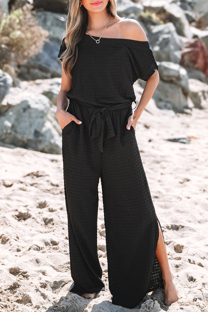 Black Checkered Mesh One Shoulder Short Sleeve Knotted Waist Jumpsuit by