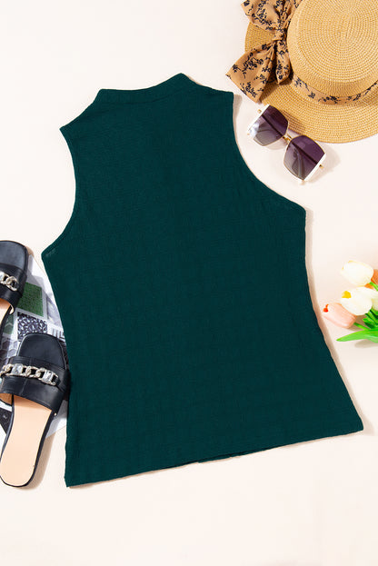 Black Lattice Textured Split Neck Tank Top